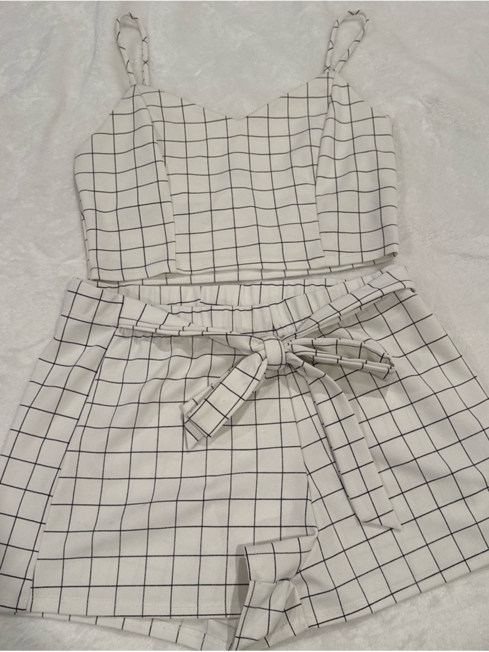 Grid-Print White Two-Piece Crop Top & Shorts Set